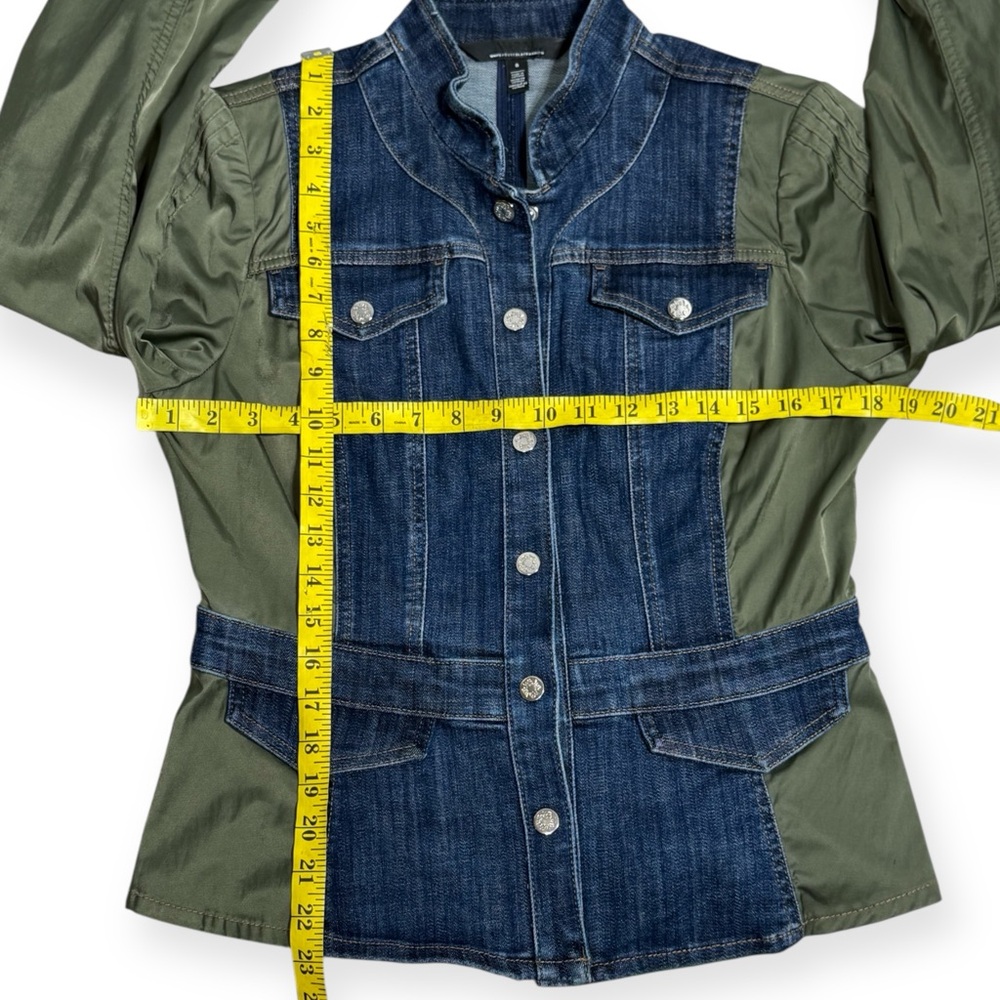 White House Black Market Blue Denim Jacket with olive green satin sleeves Size 8 - Picture 6 of 10